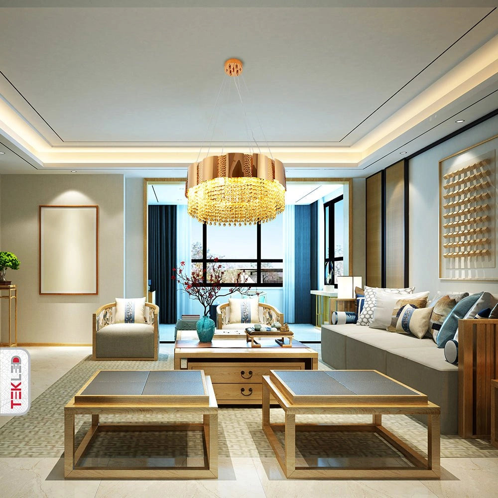Indoor usage of Octagon Crystal Gold Metal Chandelier D600 with 8xE14 Fitting | TEKLED 156-19576