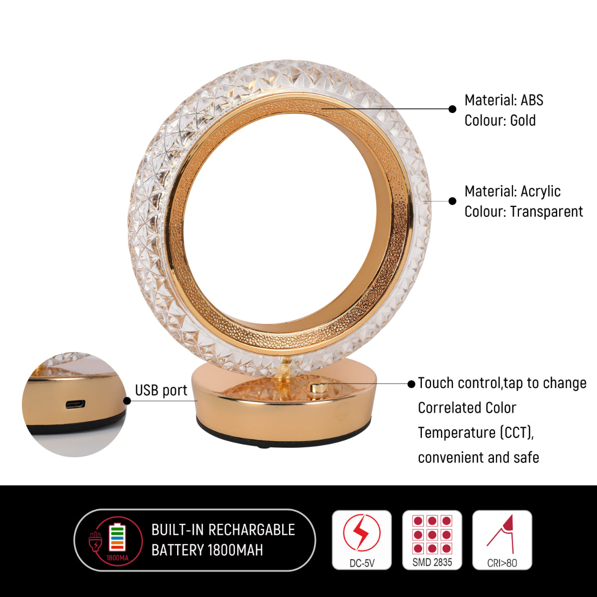 Primer plano de una lámpara LED anular, ideal para escritorios modernos y decoraciones contemporáneas, destacando su diseño elegante.
