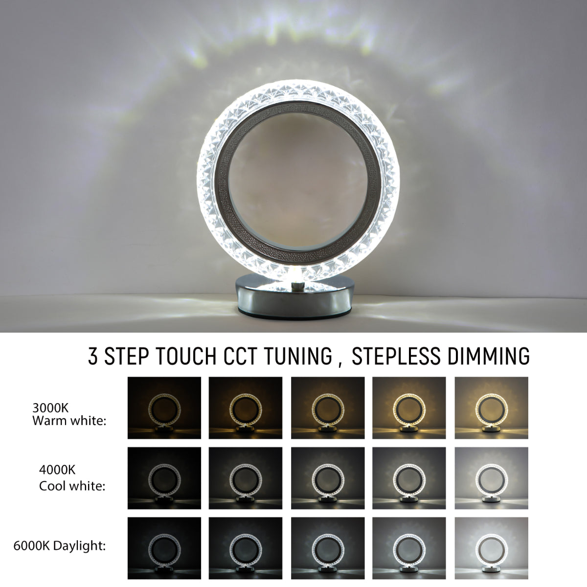Lámpara LED en forma de anillo, ideal para escritorios modernos, combina estilo contemporáneo con funcionalidad en espacios de trabajo.