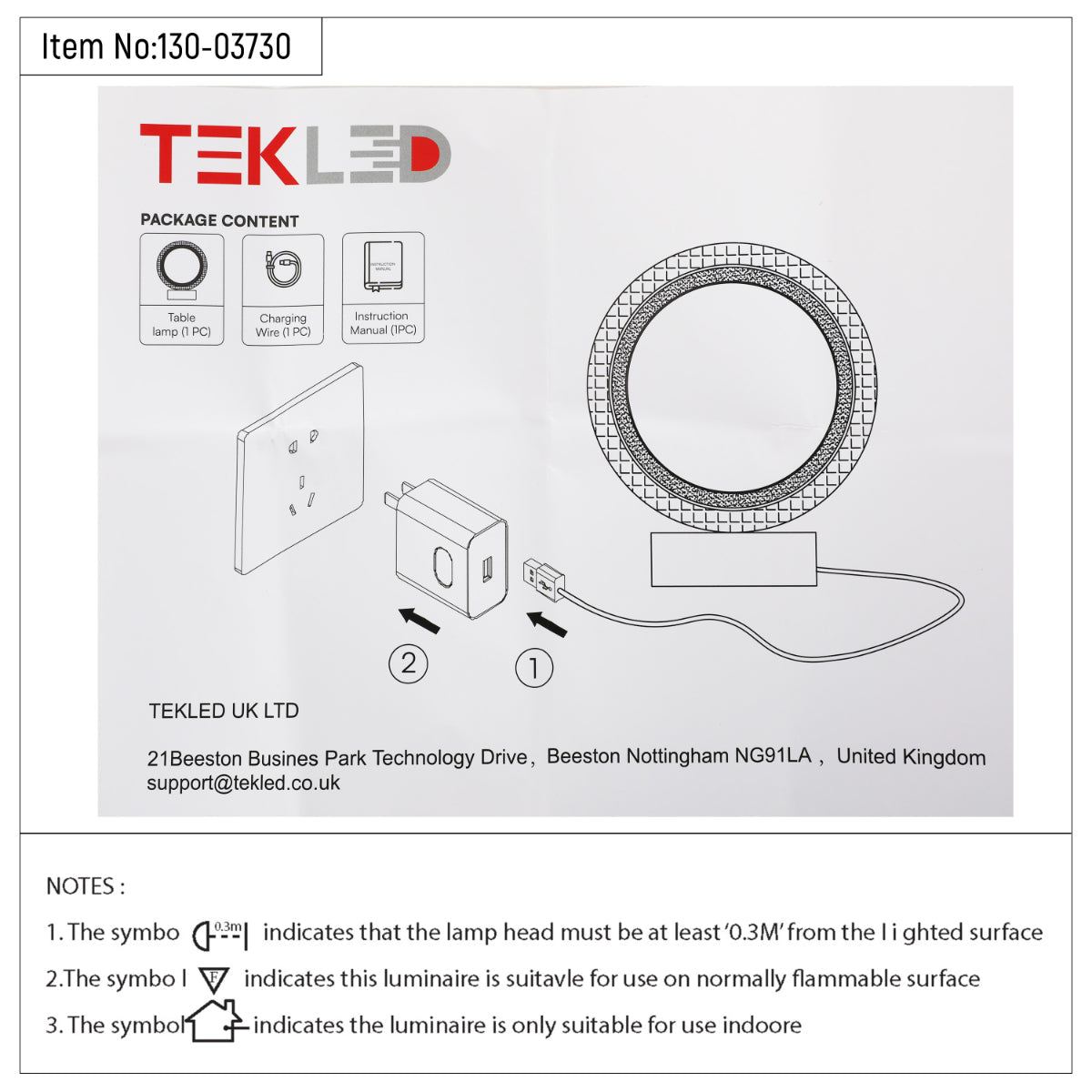 Dibujo técnico de la lámpara LED en forma de anillo, con dimensiones y recomendaciones de instalación para espacios modernos.