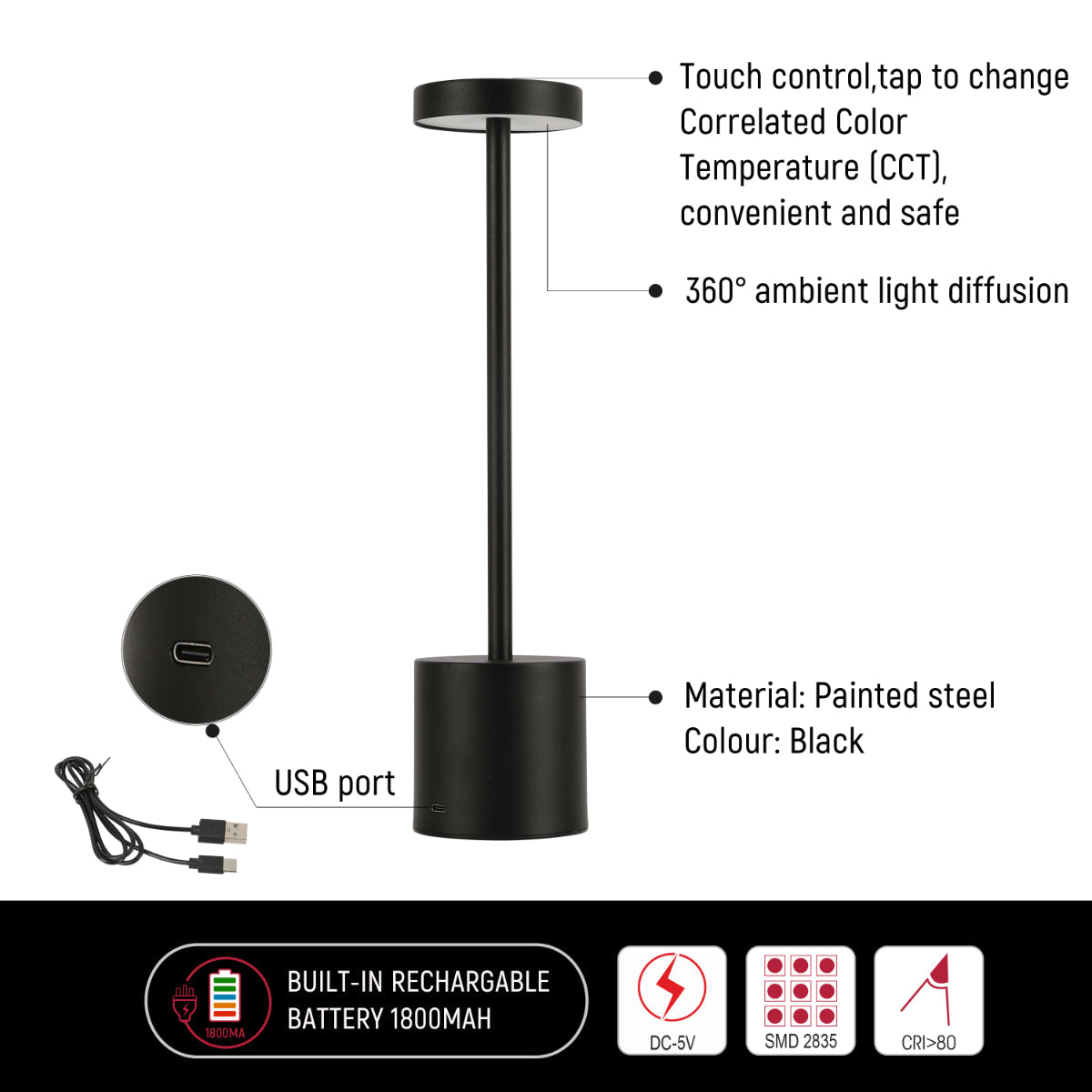 Detalles de la lámpara de columna LED portátil con control de CCT, ideal para oficinas modernas y espacios minimalistas.