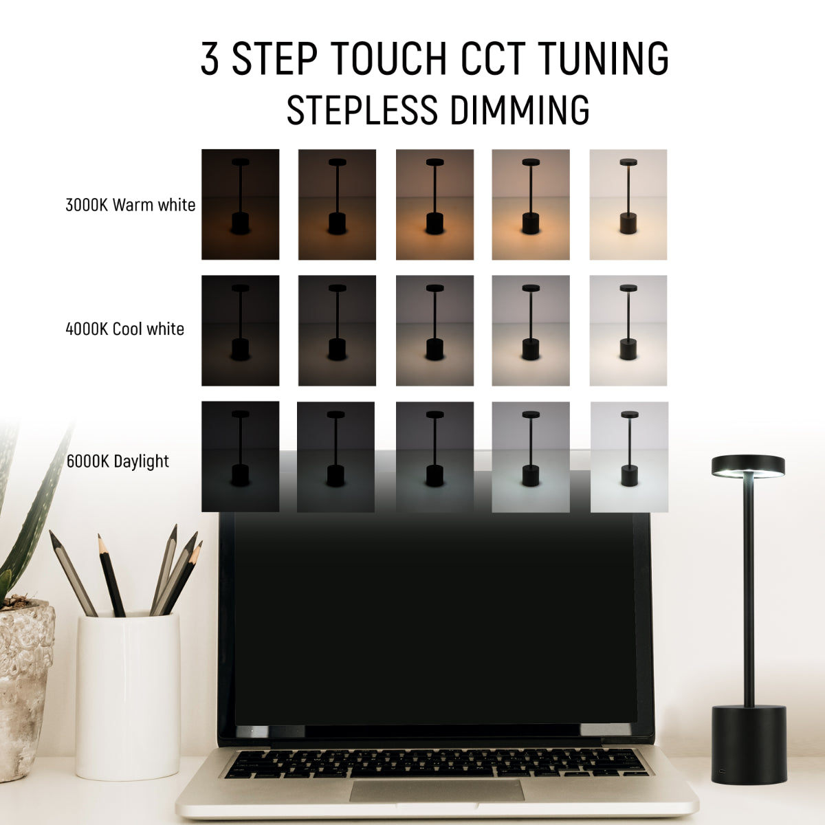 Lámpara de columna LED portátil con control CCT, perfecta para oficinas modernas y espacios contemporáneos.