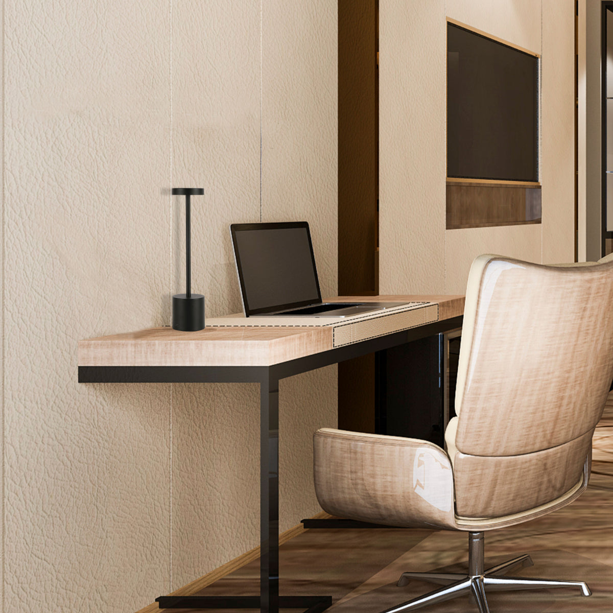 Lámpara de columna LED portátil en uso, ideal para salón moderno, proporcionando iluminación versátil con control de temperatura de color.