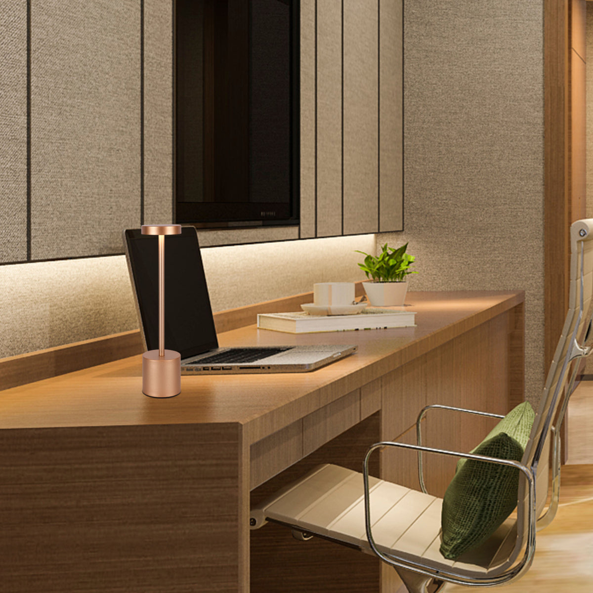 Lámpara de columna LED portátil en uso, ideal para salas modernas, con control de temperatura de color para una iluminación versátil.