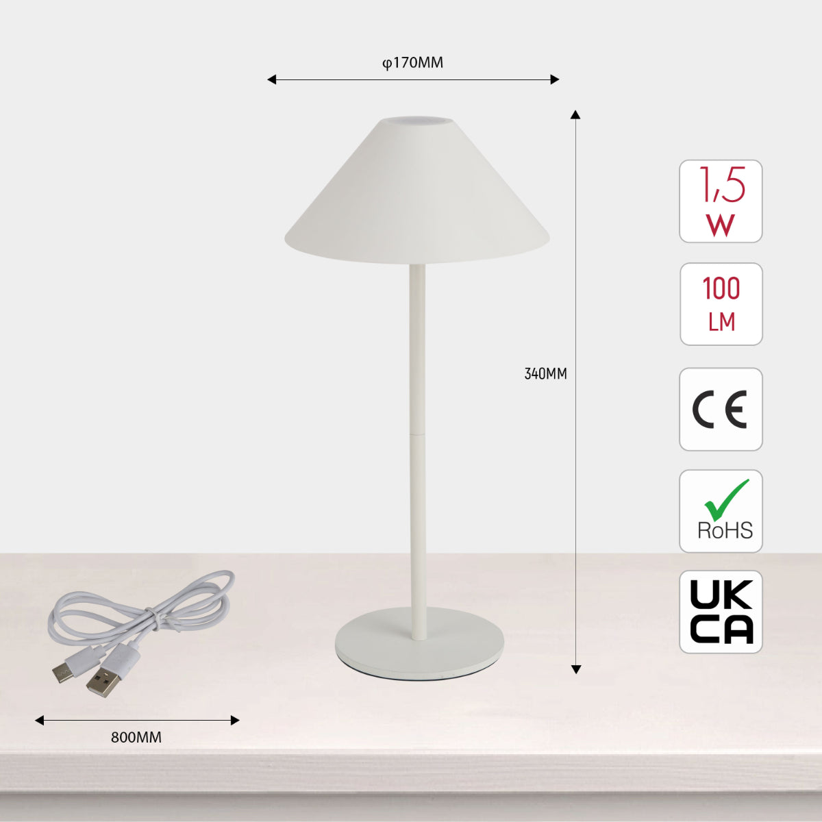 Lámpara LED de cono recargable, ideal para ambientes modernos y oficinas; versátil con doble fuente de luz.