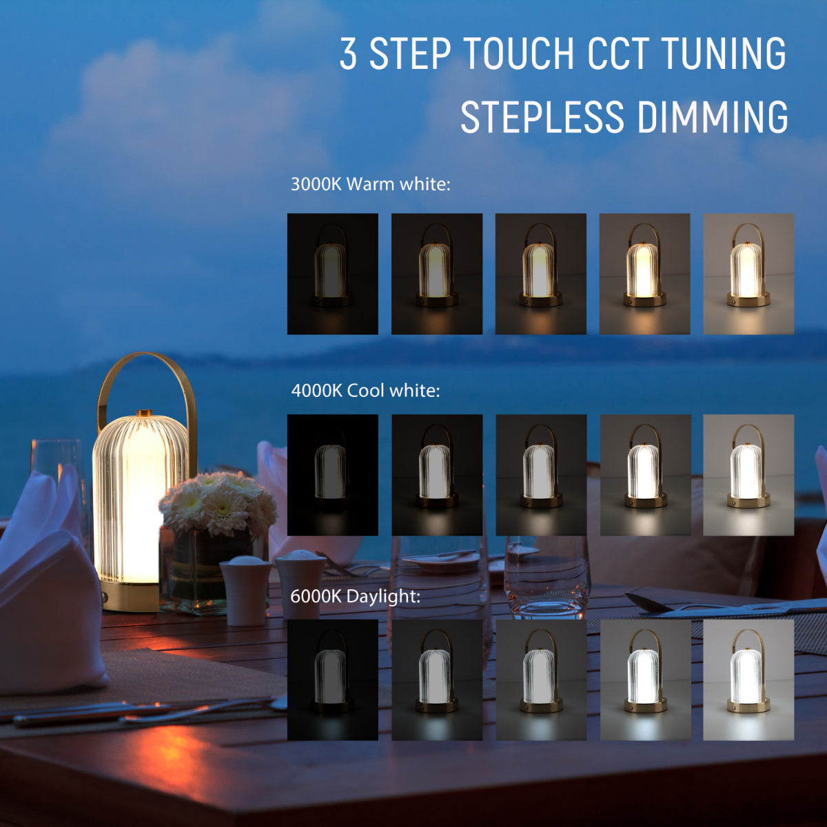 Lámpara de mesa recargable para exteriores, ideal para patios con decoración moderna, proporcionando luz suave y acogedora.