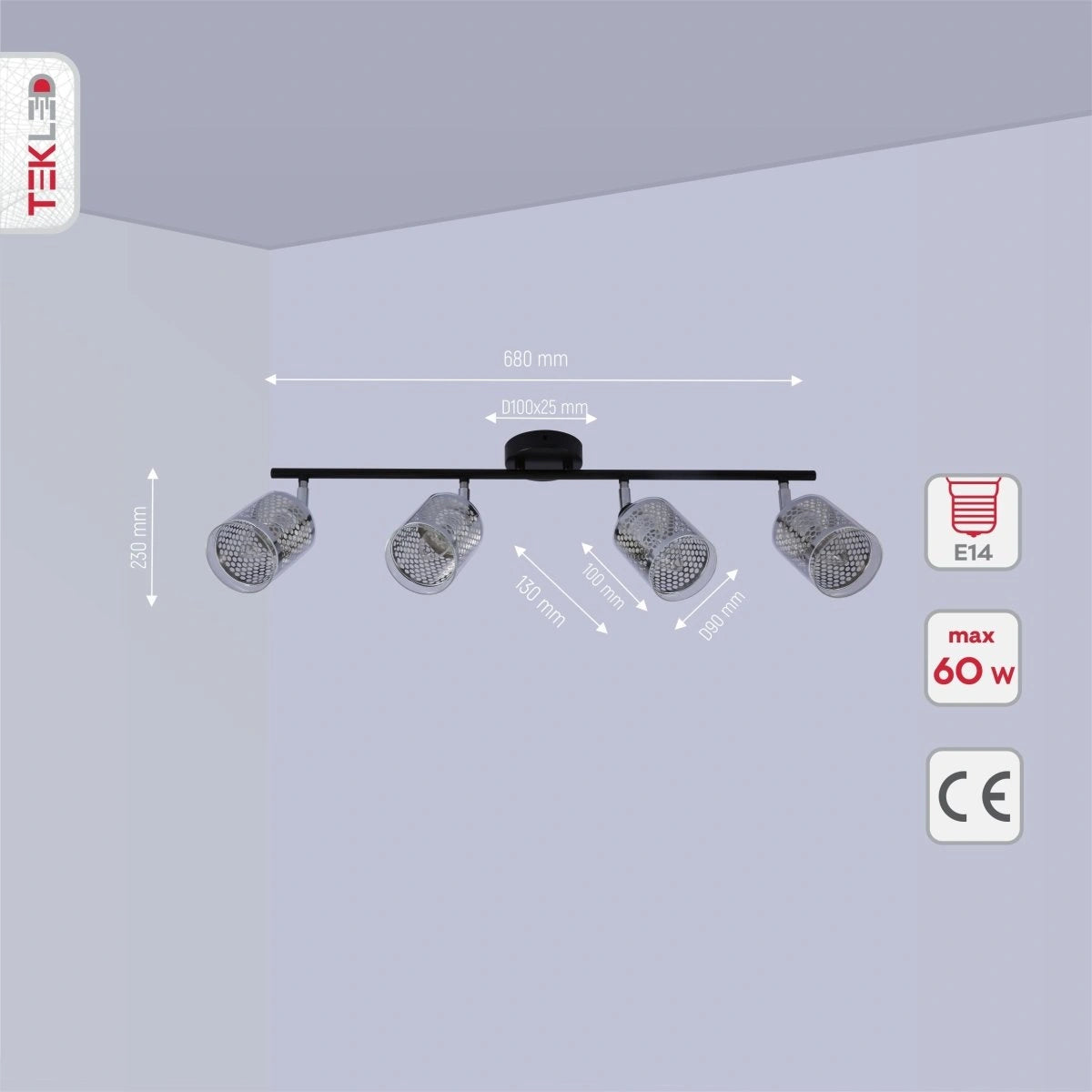 Product dimensions of chrome honeycomb black body semi flush ceiling light 4xe14