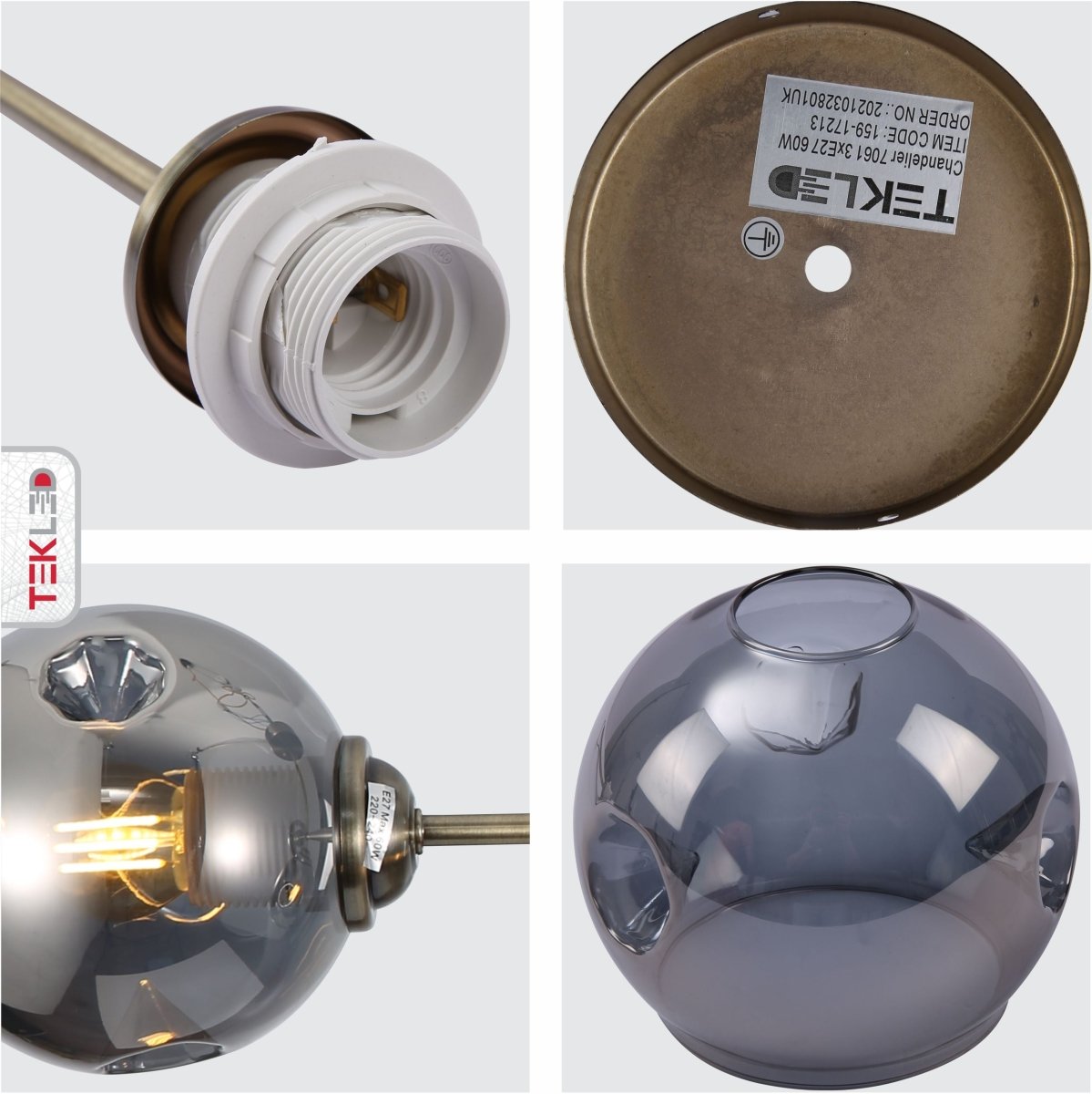 Detailed photo of clear glass dome antique brass semi flush ceiling light 3xe27