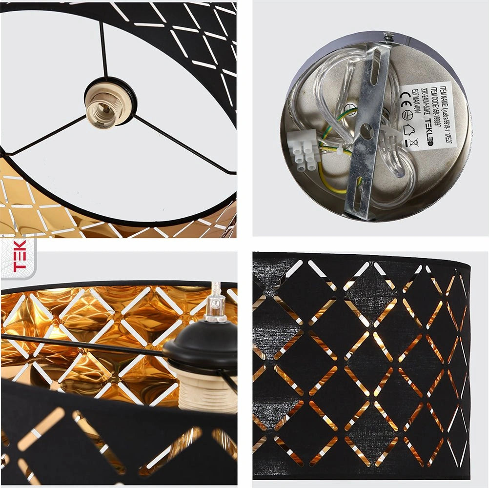 Detailed photo of black-gold fabric cylinder pendant light e27