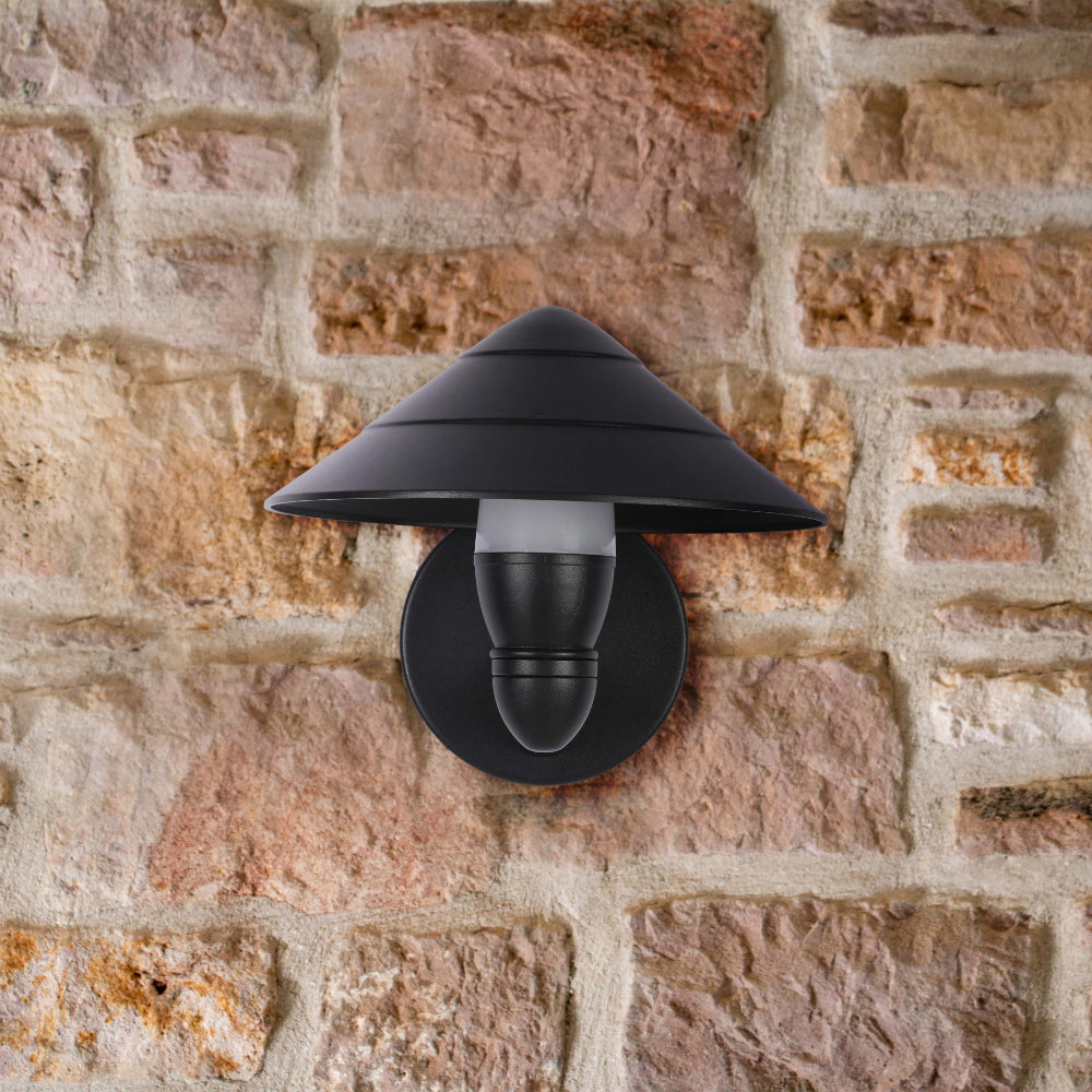 Aplique de pared LED en forma de hongo negro, ideal para exteriores con estilo moderno y funcional para jardines o patios.