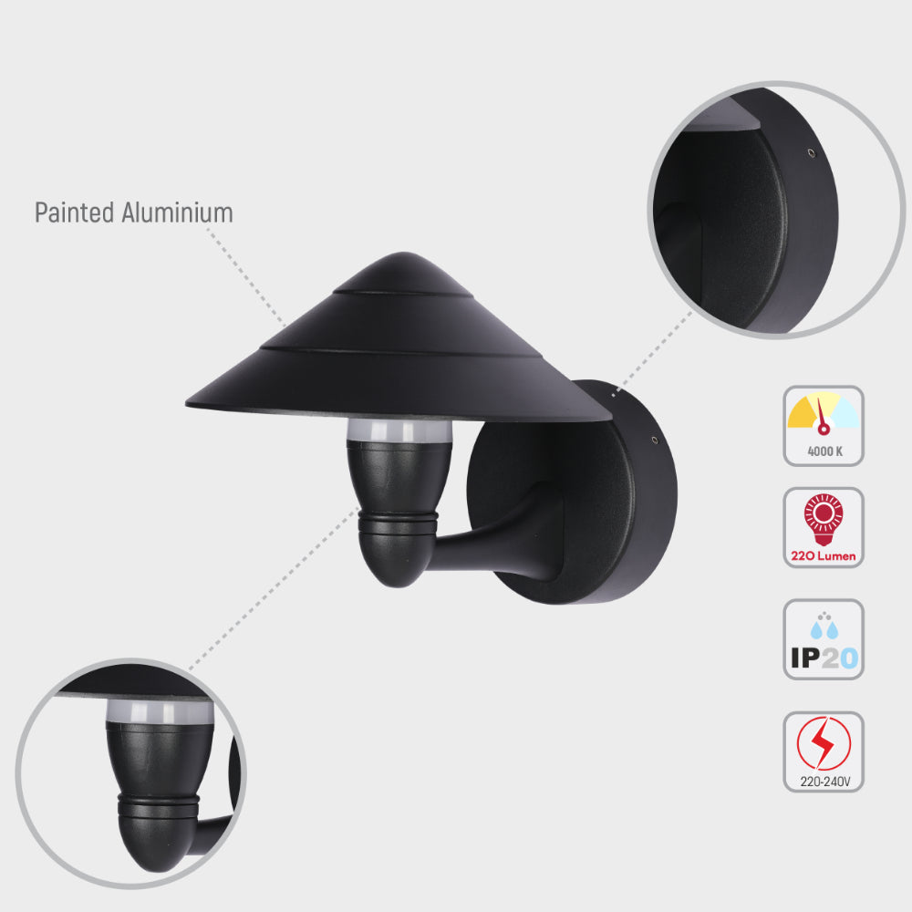 Lámpara de pared exterior LED con diseño de cono negro, ideal para patios modernos y entradas contemporáneas.