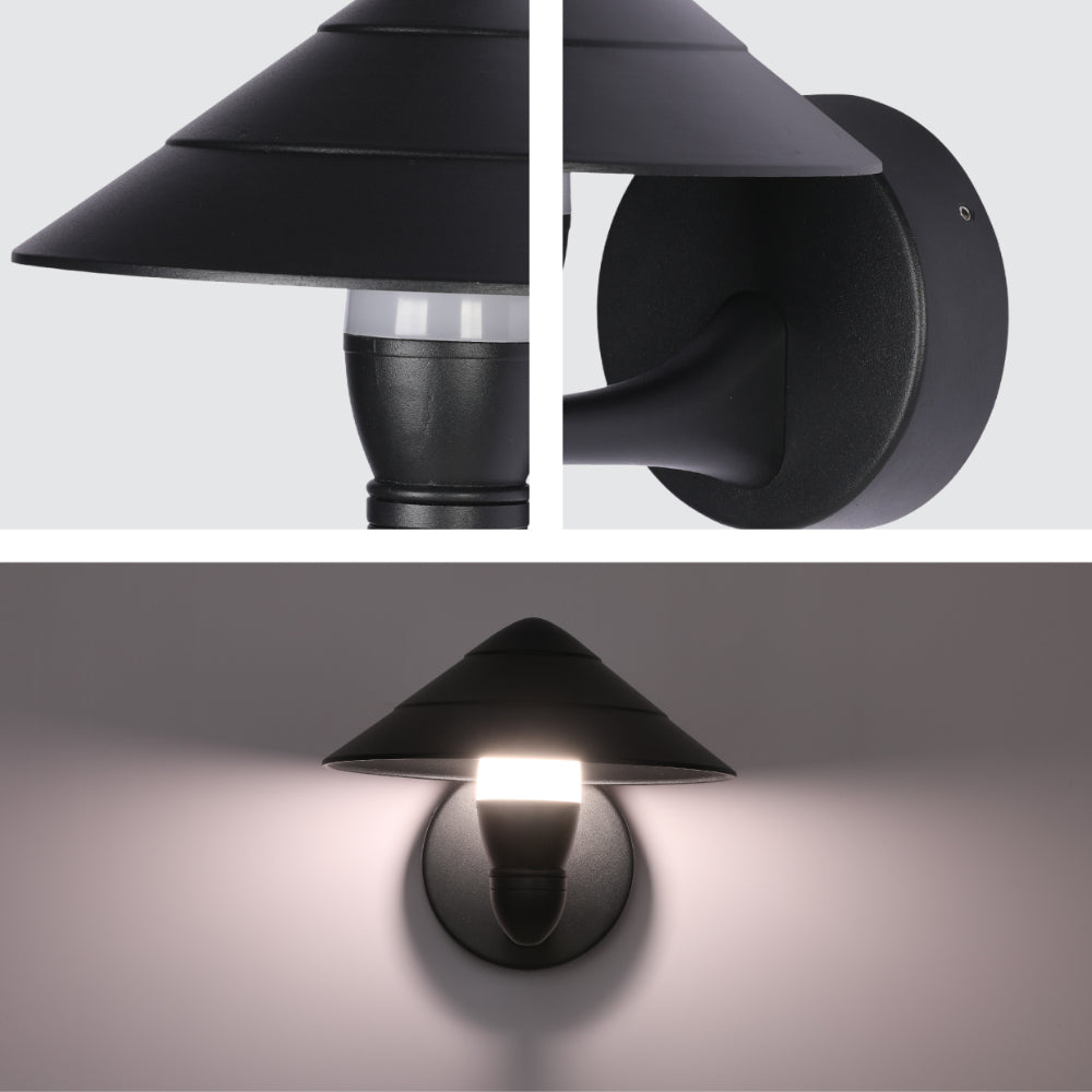 Luz de pared LED en forma de hongo negro, ideal para iluminar exteriores con estilo moderno y elegante.