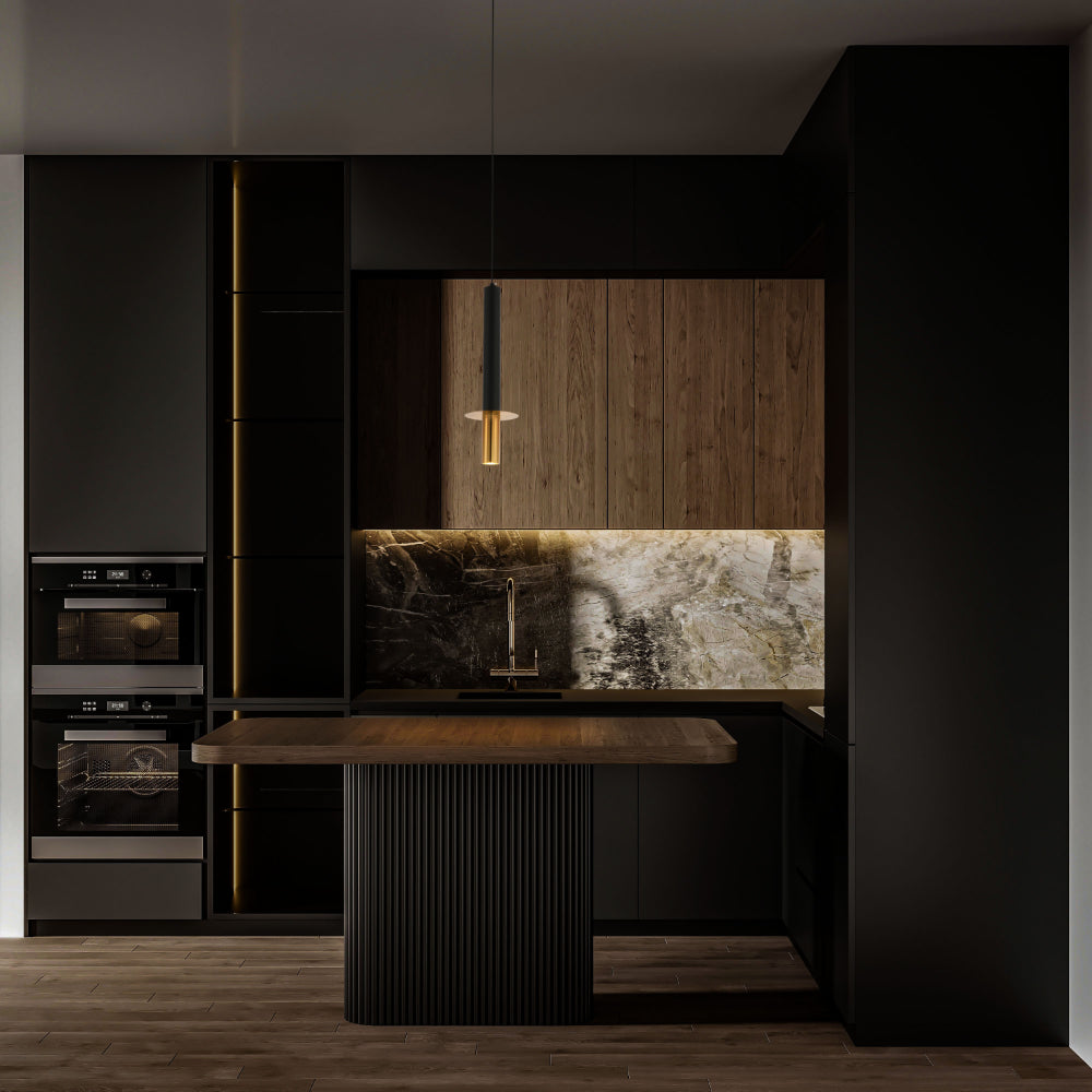 Lámpara colgante LED negra y bronce, perfecta para comedores de estilo moderno, proporcionando iluminación cálida y elegante.