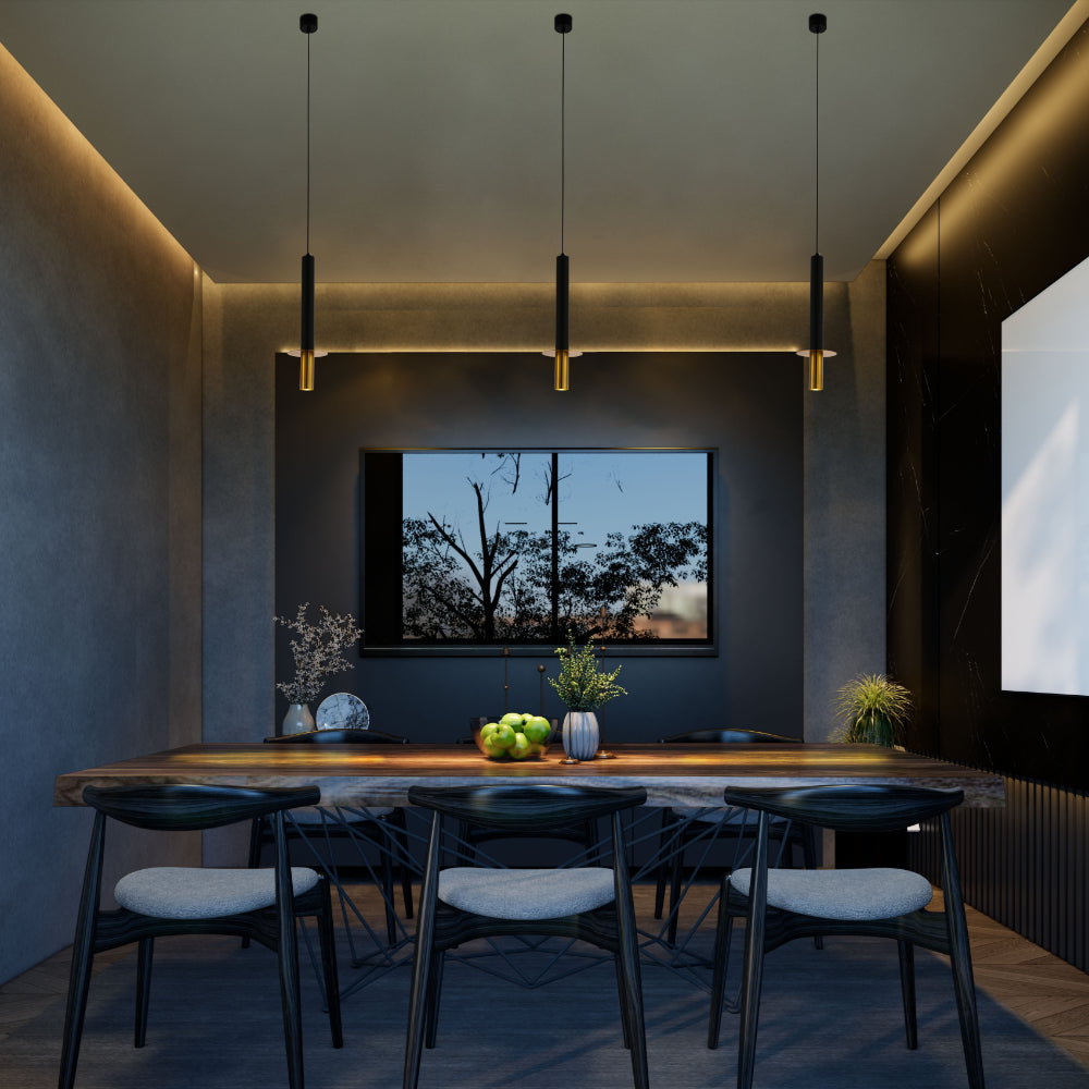Lámpara colgante LED negra y bronce, ideal para cocinas modernas o comedores con estilo contemporáneo.