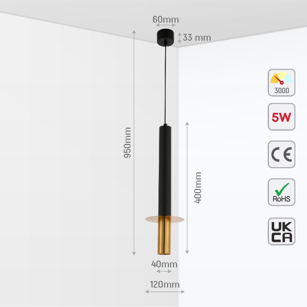 Luz colgante LED negra y bronce de 5W, ideal para oficinas con decoración moderna y funcional.