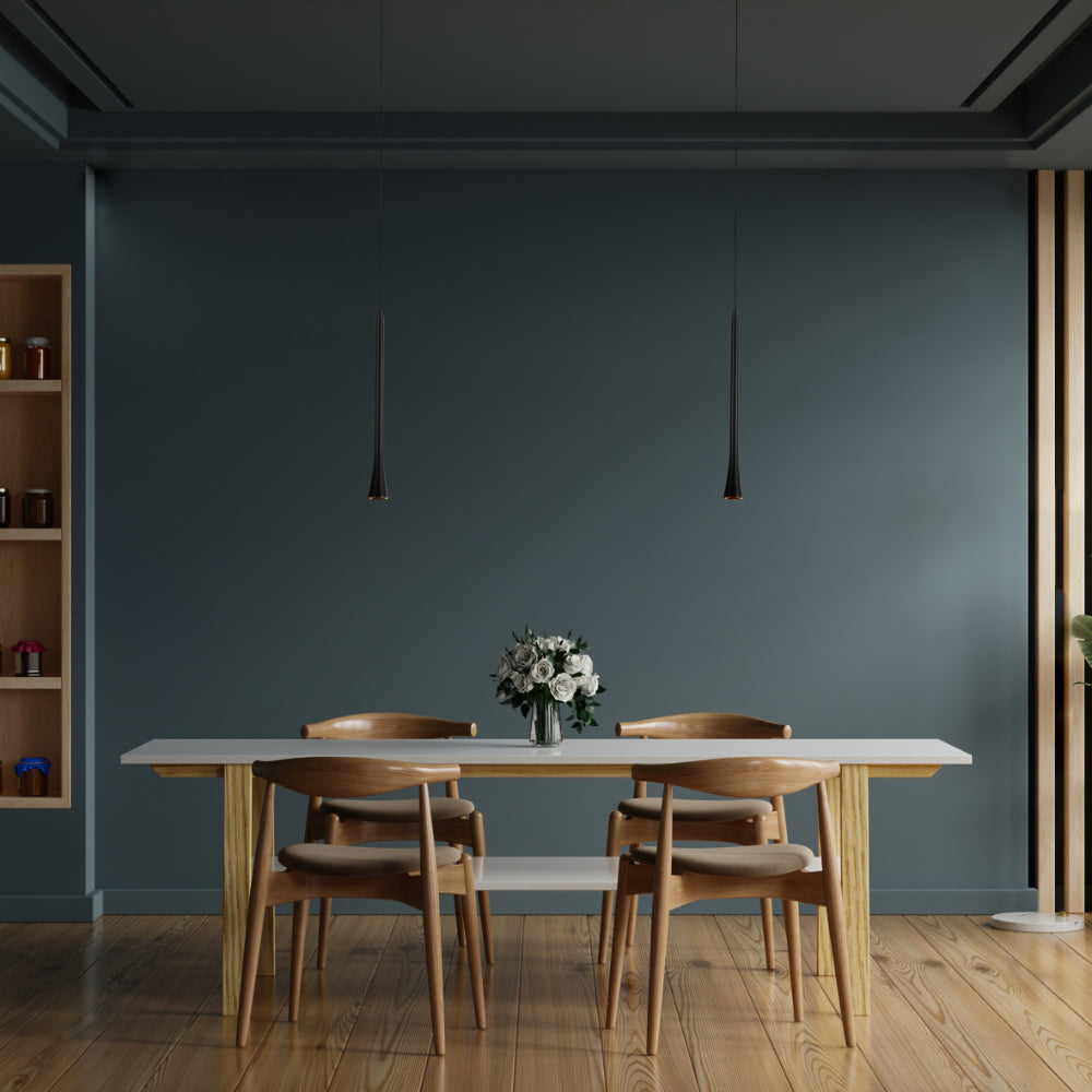 Luz colgante LED de 5W en negro y bronce, perfecta para iluminar espacios como comedores con estilo contemporáneo.