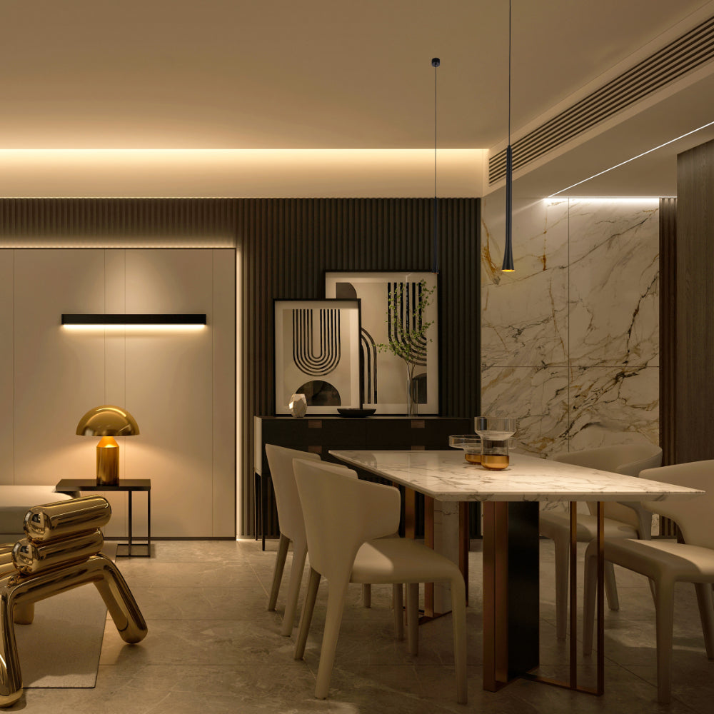 Lámpara colgante LED en negro y bronce, ideal para cocinas modernas, combinando funcionalidad y estilo elegante.