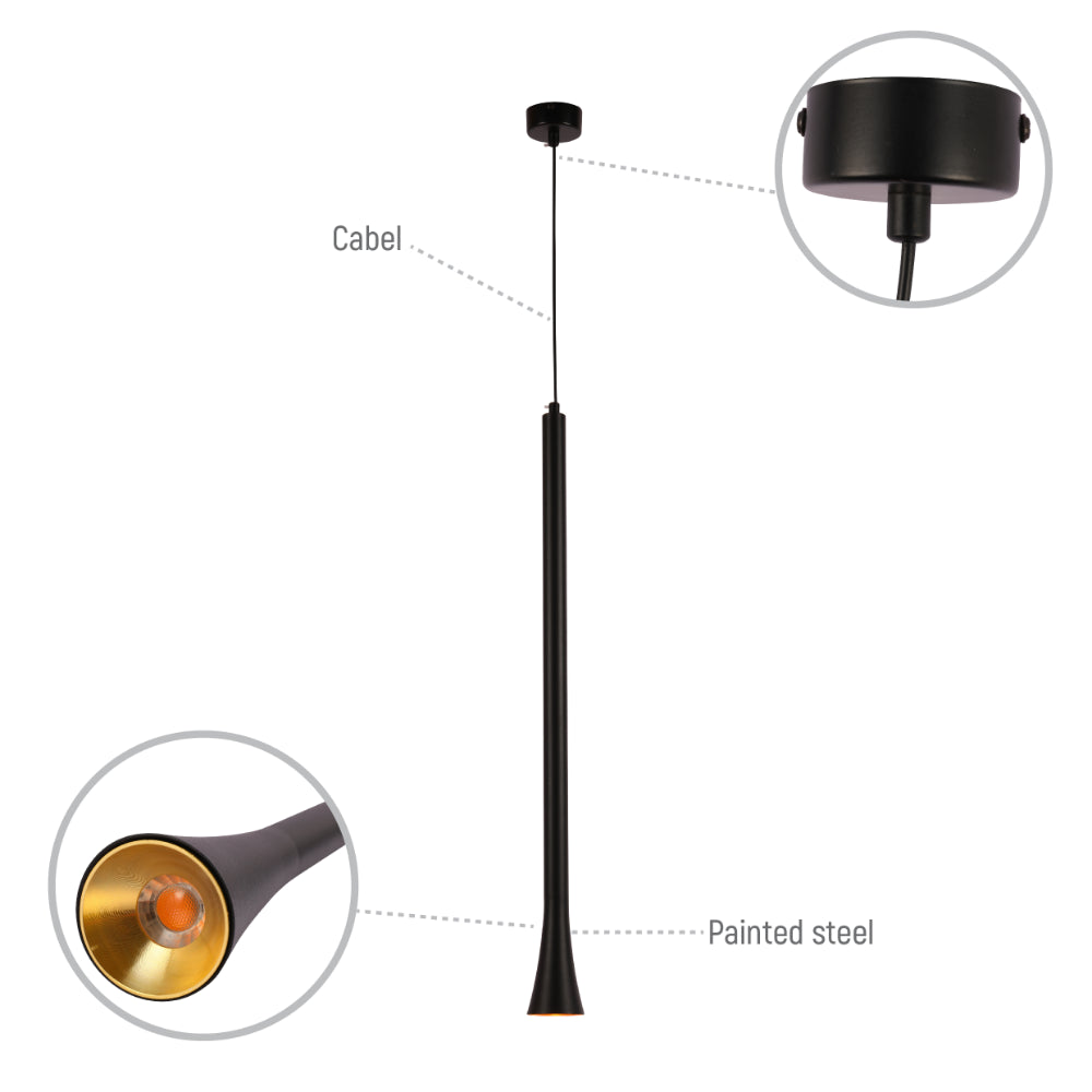 Luz colgante LED negra y bronce, ideal para comedores modernos, aportando elegancia y funcionalidad a tu decoración.
