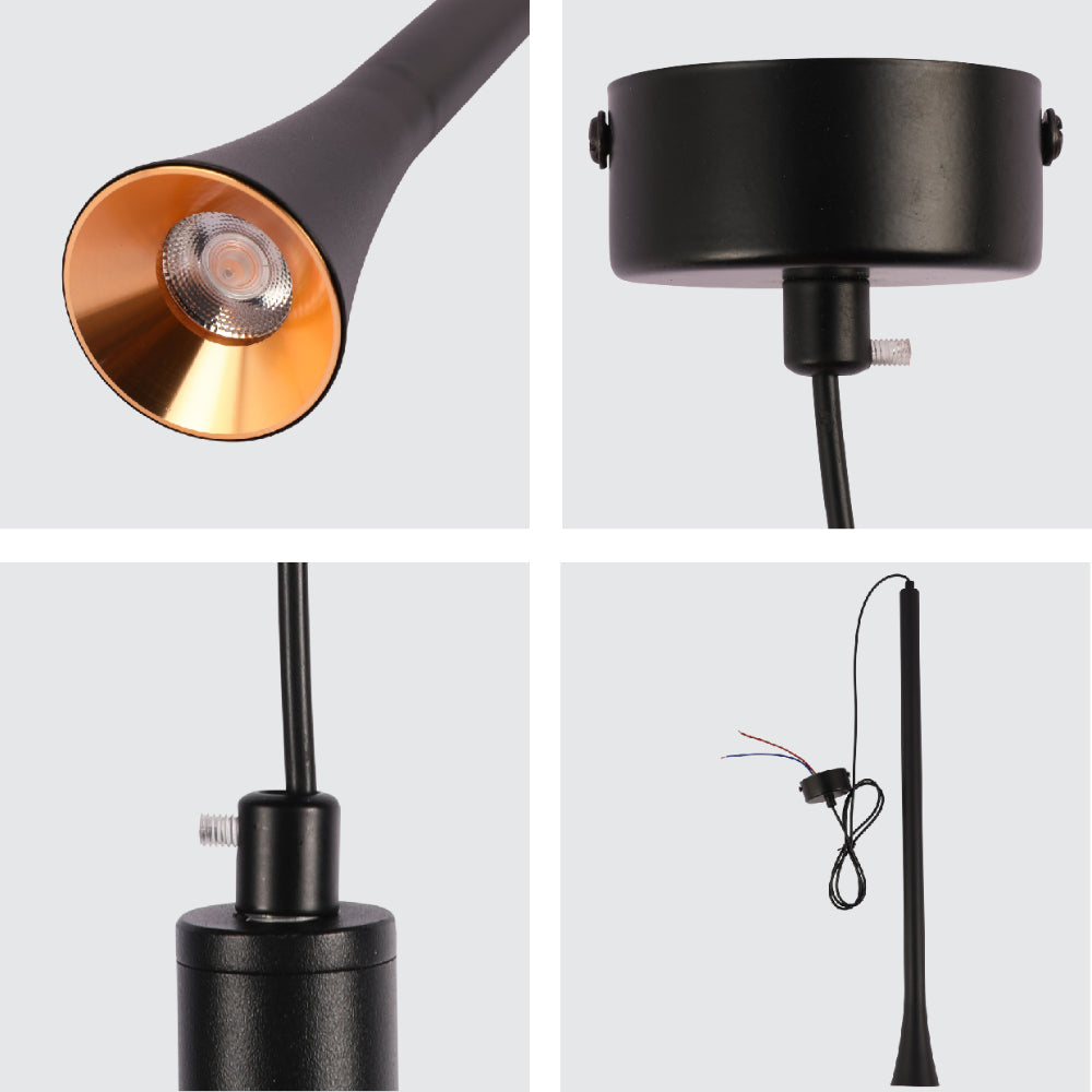 Luz colgante LED de diseño moderno en negro y bronce, ideal para comedores con estilo contemporáneo. Perfecta para destacar espacios.