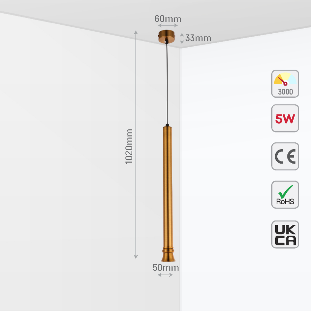 Luz colgante LED de 5W en negro y bronce, ideal para cocinas modernas con estilo industrial y elegante.