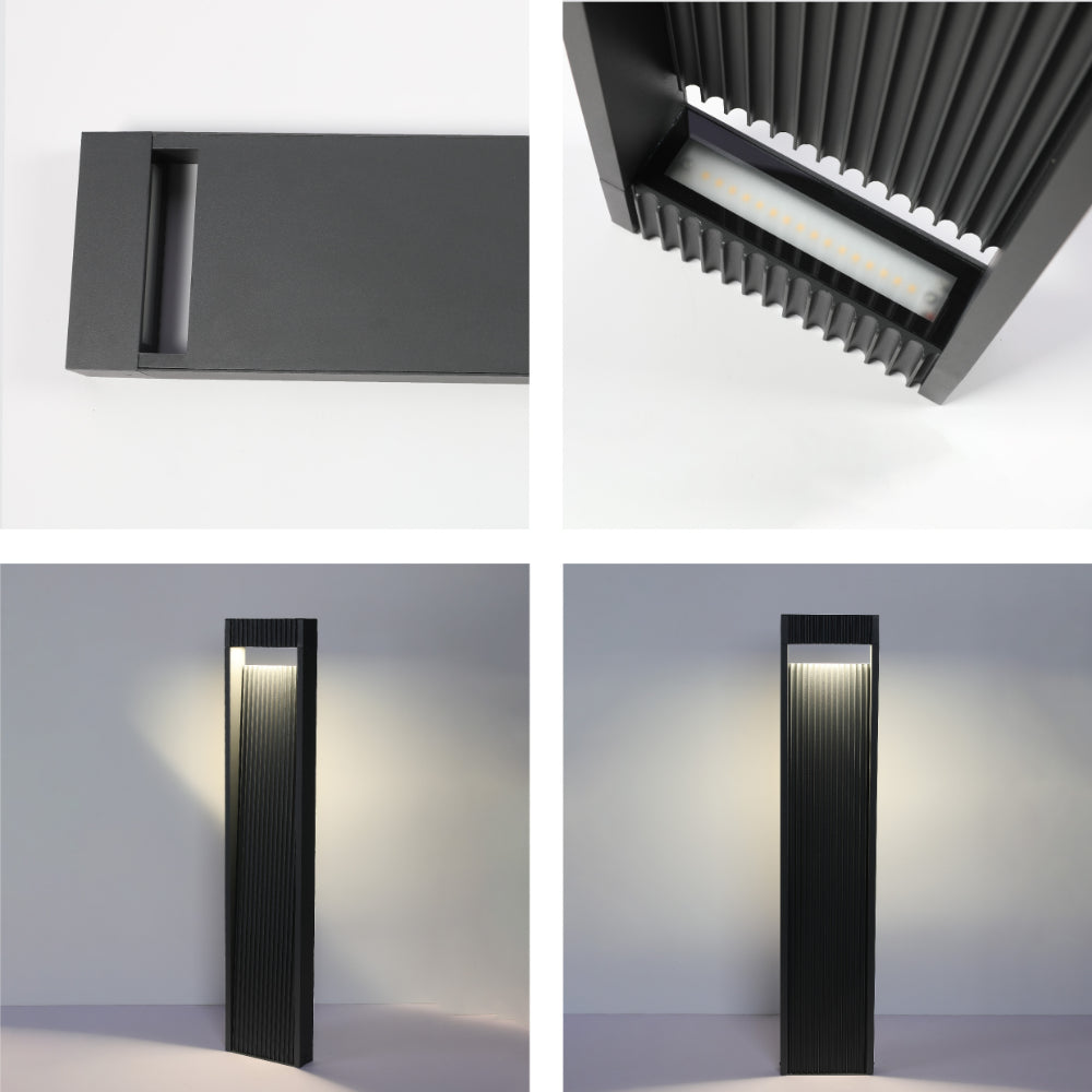Luz de bolardo LED para exteriores, ideal para iluminar senderos en jardines con estilo moderno y contemporáneo.