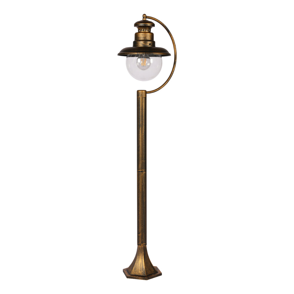 Luz de bolardo de jardín negra con detalles dorados, ideal para iluminar senderos en espacios exteriores con estilo moderno.