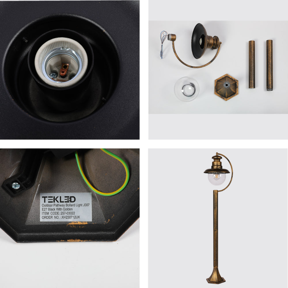 Luz de camino exterior tipo bolardo negra con detalles dorados, ideal para jardines y entradas con estilo moderno.