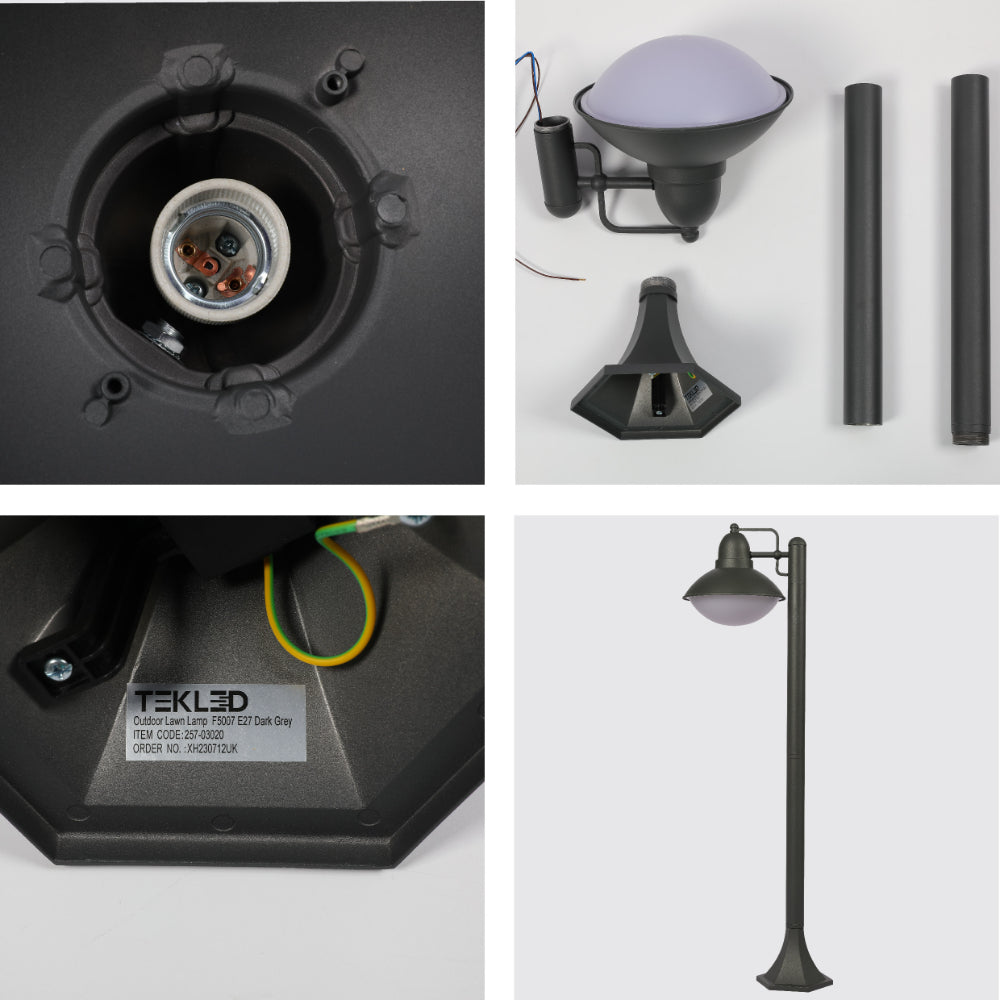 Luz bollard de jardín en gris oscuro, ideal para caminos al aire libre, complementando un entorno moderno y elegante.