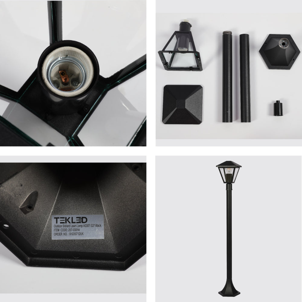 Lámpara de sendero exterior en forma de bolardo negro, perfecta para iluminar jardines y entradas con un estilo moderno y elegante.