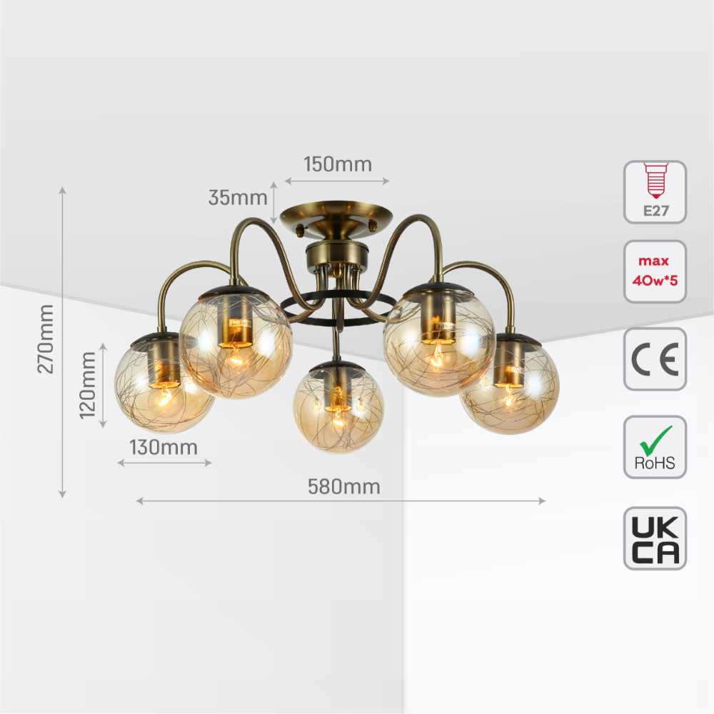 Size and tech specs of Swan Neck Antique Brass & Amber Globe Light | TEKLED 159-17995