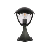Lámpara de columna exterior de estilo rústico, ideal para patios y jardines, con diseño negro elegante y base robusta.