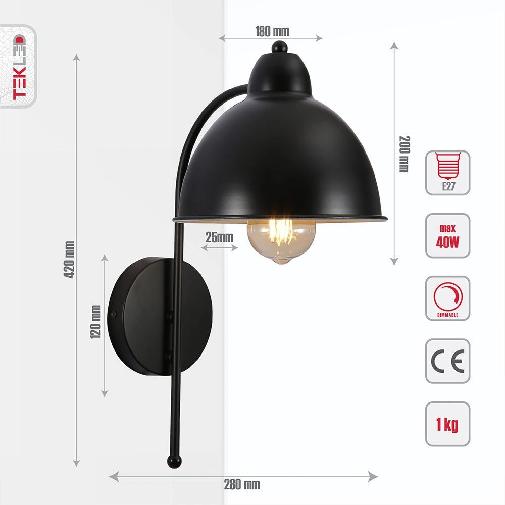 Tehcnical specifications and dimensions of Black Metal Dome Wall Light with E27 Fitting