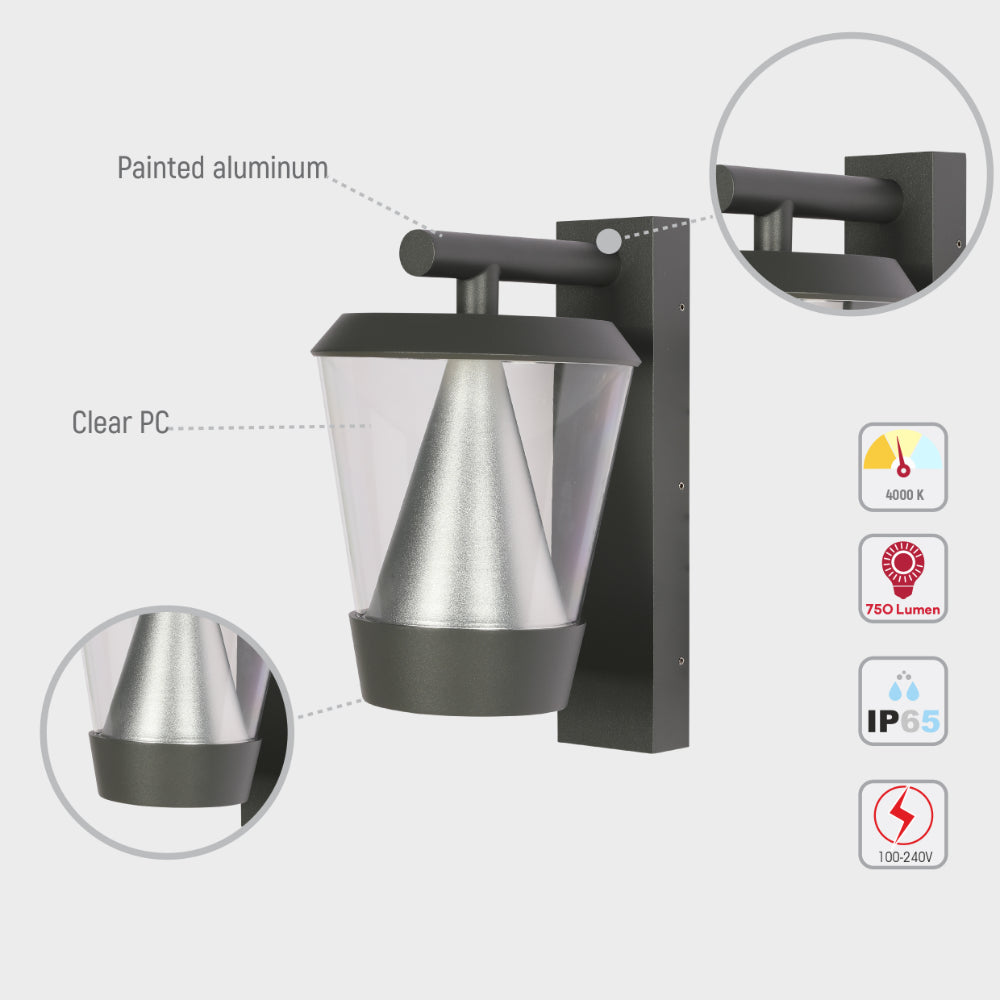 Luz de pared tipo farol LED para exteriores, ideal para jardines con estilo moderno y funcionalidad eficiente de 13W y 4000K.