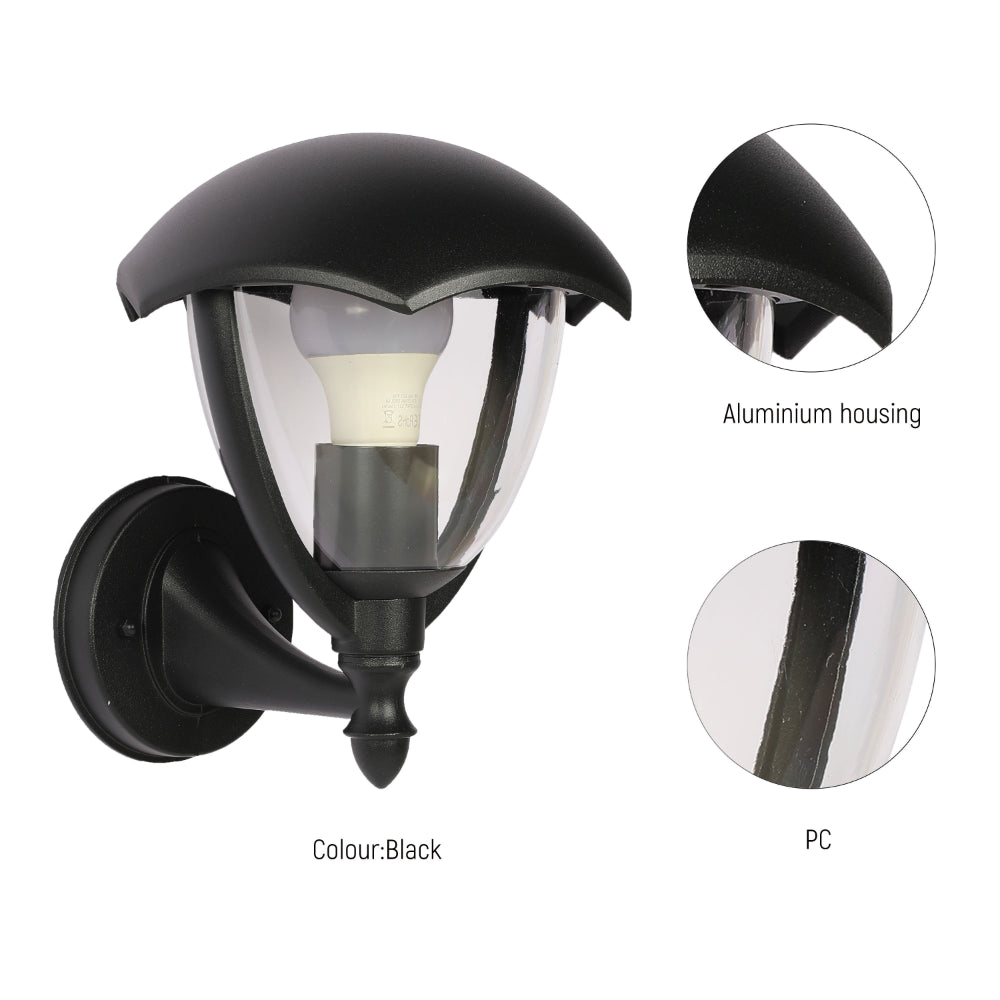 Luz de pared exterior en forma de linterna negra, ideal para patios o jardines con estilo moderno y acogedor.