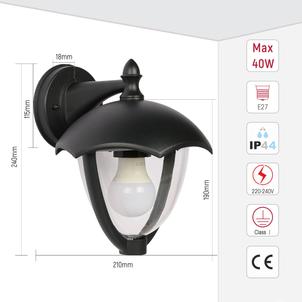 Lámpara de pared exterior tipo farol, ideal para patios en estilo contemporáneo, fabricada en metal negro con pantalla de cristal.