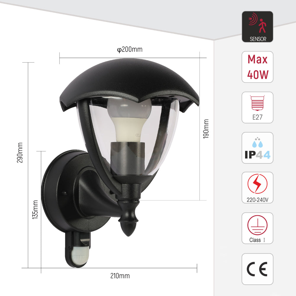 Lámpara de pared exterior en negro ideal para patios y jardines, combina con decoración moderna y clásica.