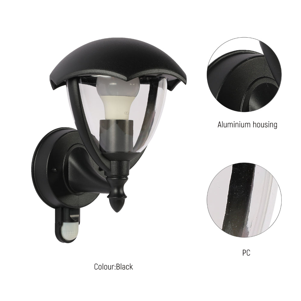 Luz de pared exterior tipo farola, ideal para entradas o patios, diseño moderno en negro, perfecto para decoración contemporánea.