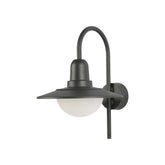 Lámpara de pared exterior tipo farola, ideal para patios con estilo moderno. Acabado en gris oscuro y adecuada para cualquier espacio al aire libre.