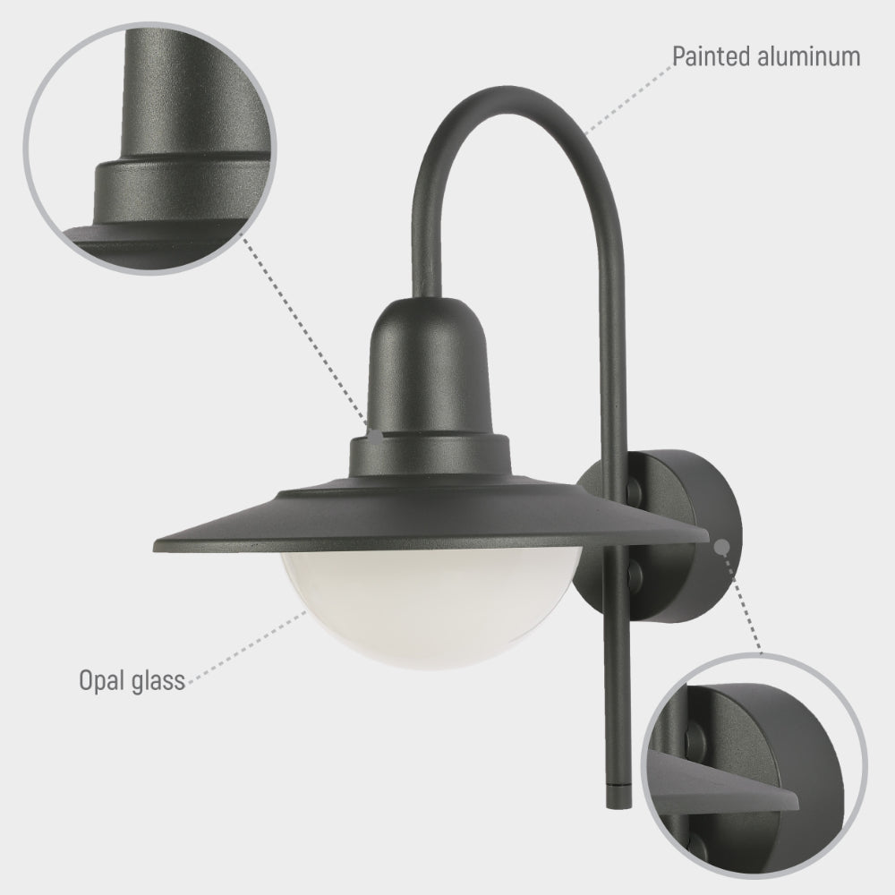Lámpara de pared exterior en gris oscuro, ideal para jardines modernos, añadiendo un toque elegante y funcional a espacios al aire libre.