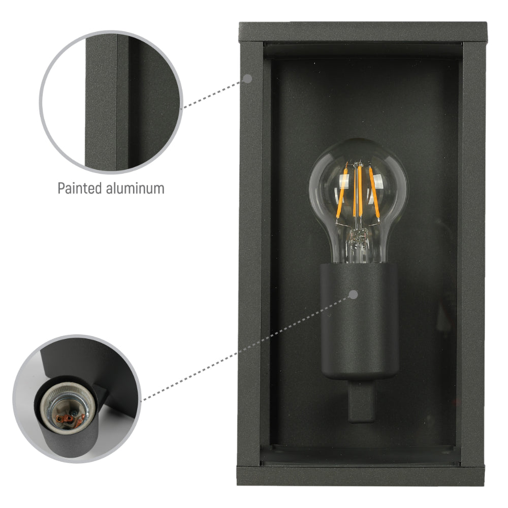 Imagen principal de lámpara de pared exterior estilo industrial en gris oscuro, ideal para jardines y patios con decoración moderna.