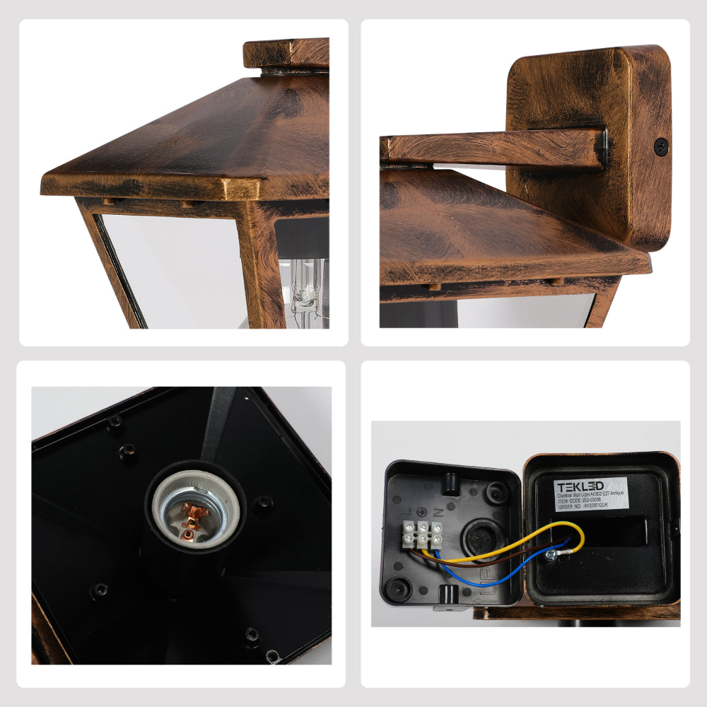 Lámpara de pared para exterior con formato lantern, perfecta para patios de estilo rústico o contemporáneo.