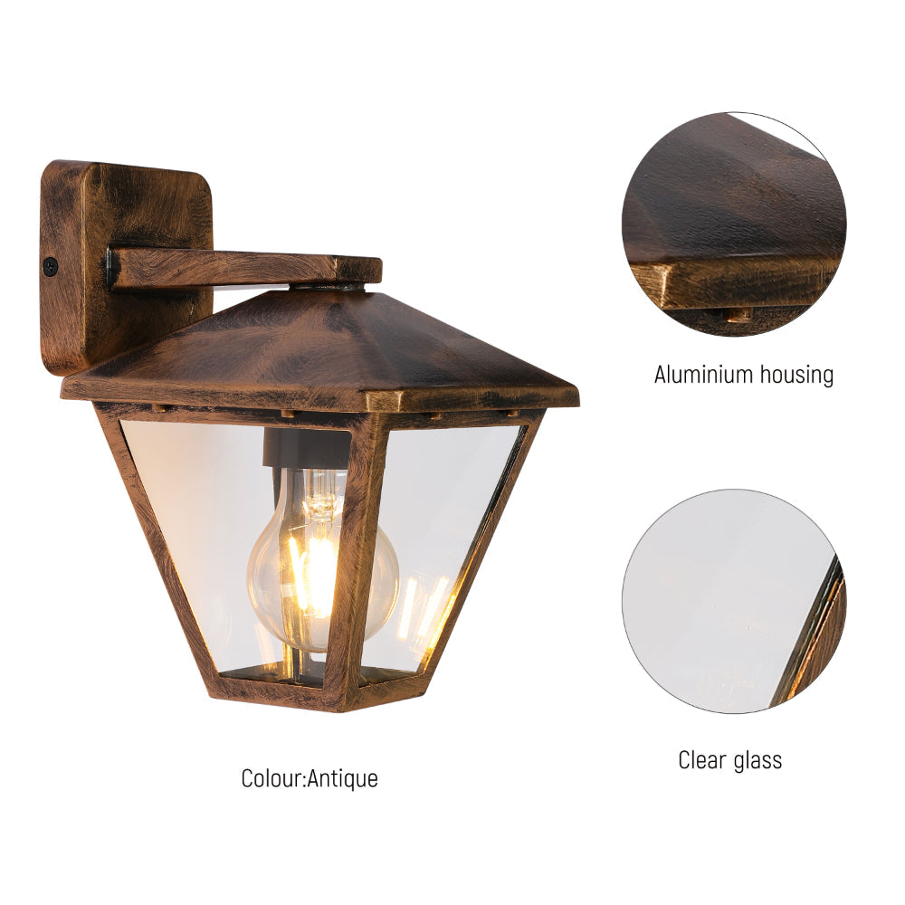 Imagen principal de una lámpara de pared exterior estilo farol, ideal para patios y decoraciones rústicas.
