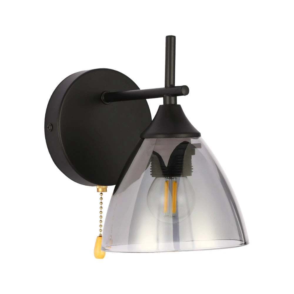 Aplique de pared de vidrio en forma de cono, ideal para espacios modernos y acogedores, con interruptor de tirón.