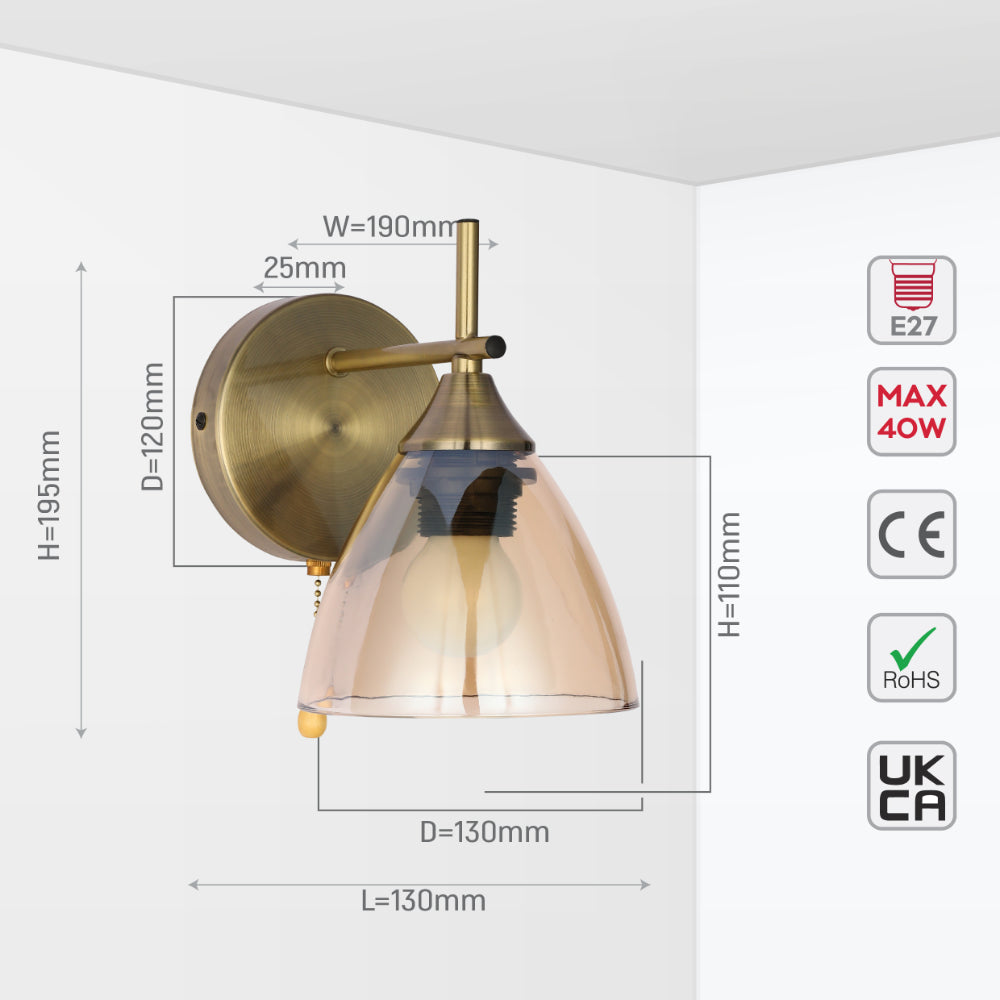 Luz de pared de vidrio en forma de cono con acabado dorado, perfecta para ambientes modernos y elegantes, ideal en salones o pasillos.