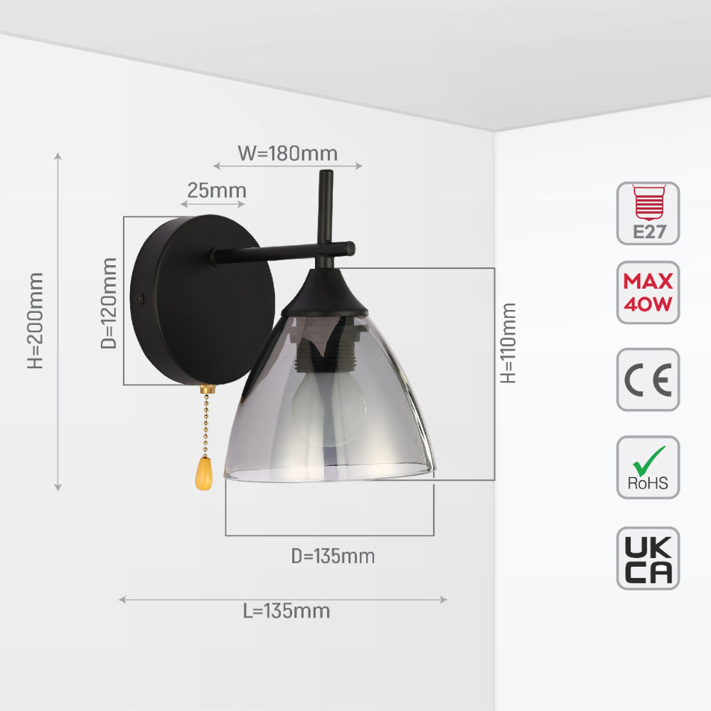 Lámpara de pared de vidrio en forma de cono, ideal para espacios modernos, con interruptor de caída, perfecta para salones o oficinas.