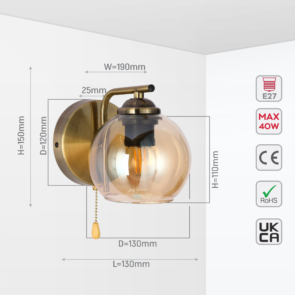 Luz de pared en forma de L con dome de cristal ámbar, perfecta para una oficina moderna con un elegante acabado metálico.