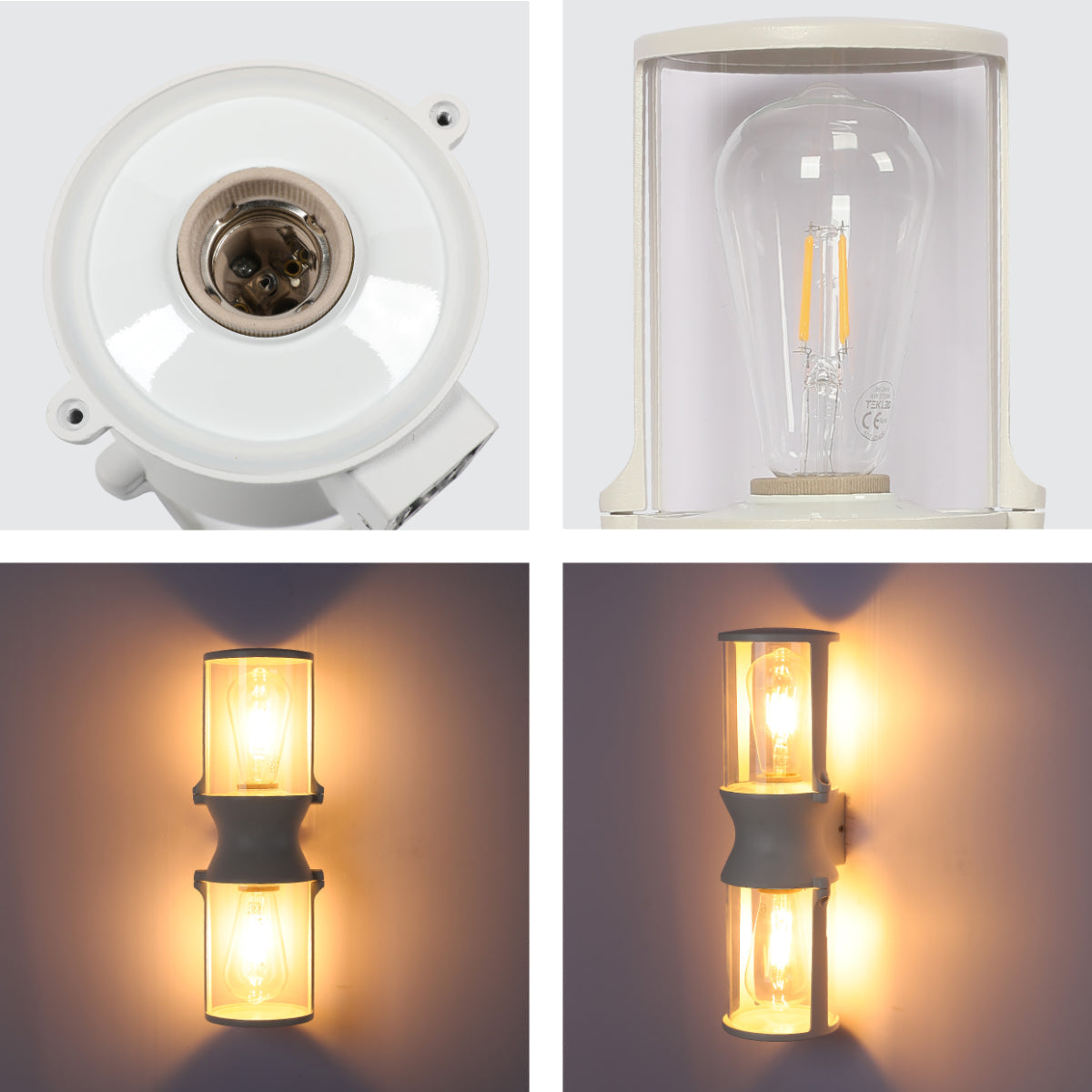 Close-up del aplique de pared vintage en blanco, ideal para exteriores con estilo clásico, resistente al agua IP54.
