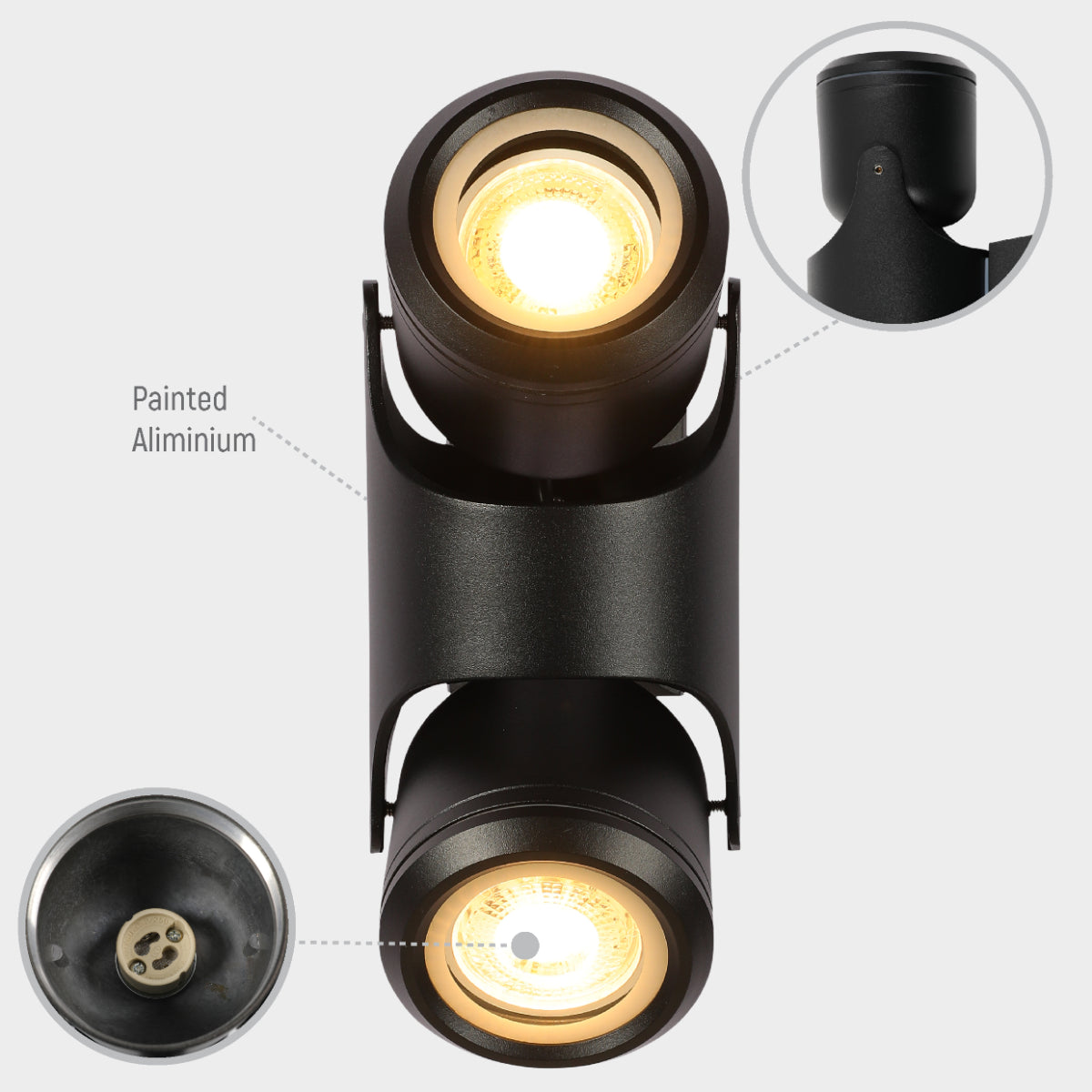 Luz de pared exterior negra, tiltable, ideal para patios modernos, resaltando espacios con su diseño funcional y elegante.
