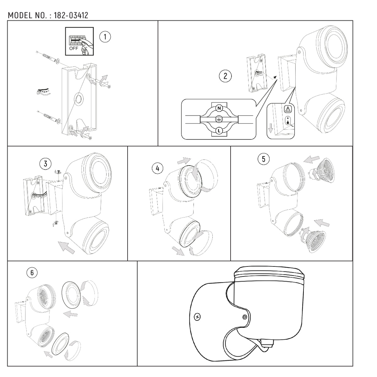 Imagen técnica de un aplique de pared exterior orientable, ideal para patios modernos, con dos focos GU10 y acabado negro.