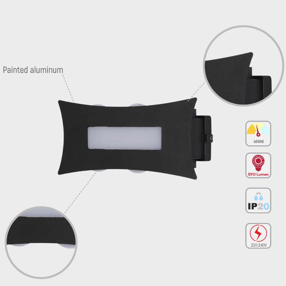 Aplique de pared LED moderno negro, ideal para salones contemporáneos, emitiendo luz hacia arriba y abajo para un ambiente acogedor.